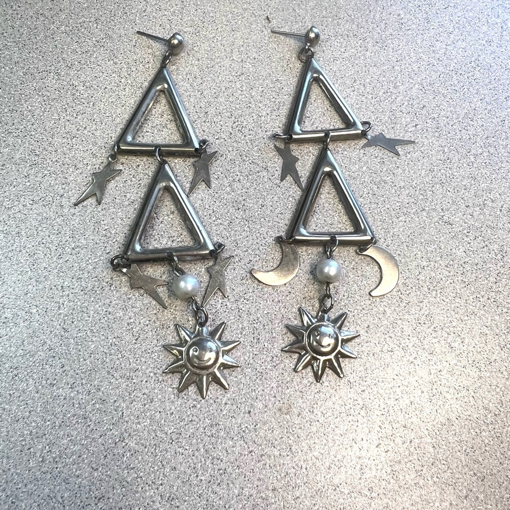 Silver Geometric Sun and Moon Earrings